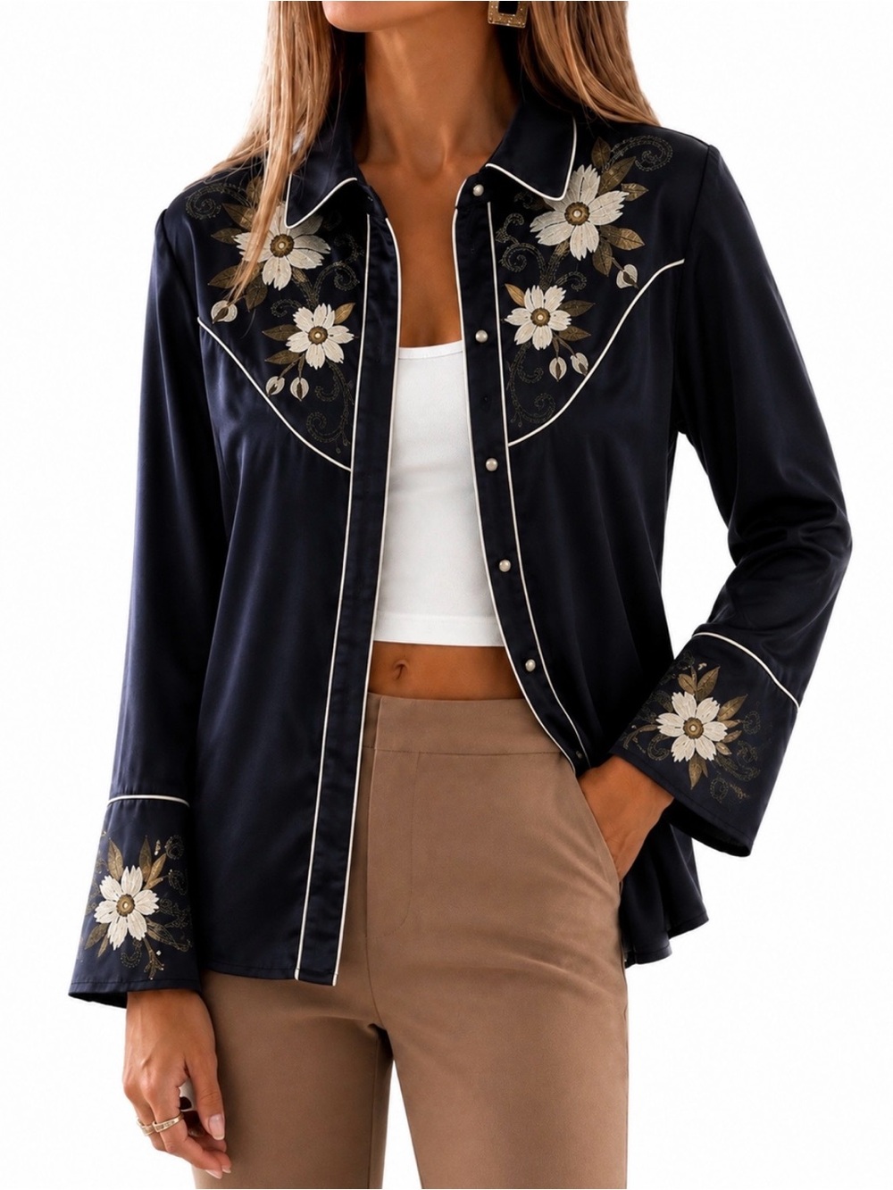 New🌺  $298 Johnny Was Corinthe Western Flutter Sleeve Silk Blend Blouse L